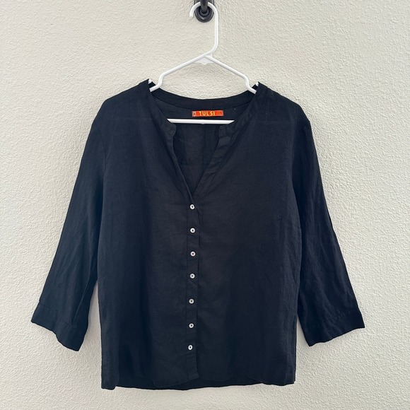 Tulsi Tops - Tulsi Button Up Blouse Womens Large Black 100% Linen 3/4 Sleeve Split Neck Airy